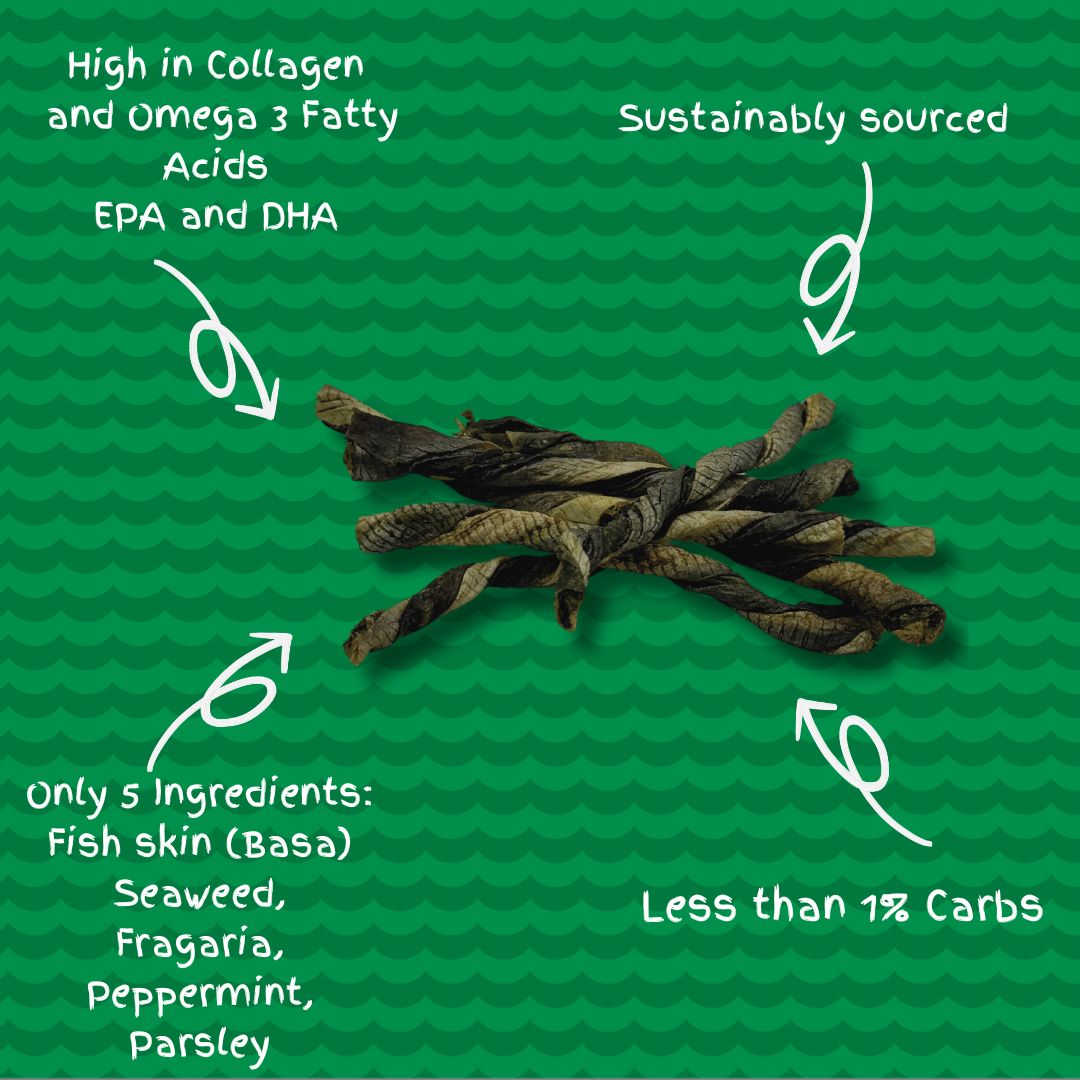Pet Natural Dogeatus Fish Skin Treats - Teeth Cleaning Herb Mix Twists - 500g