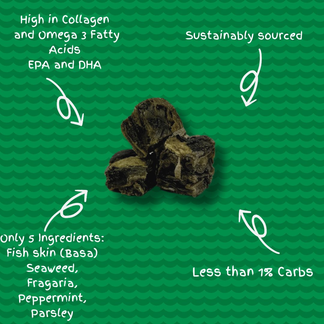 Pet Natural Dogeatus Fish Skin Treats - Teeth Cleaning Herb Mix Cubes - 500g