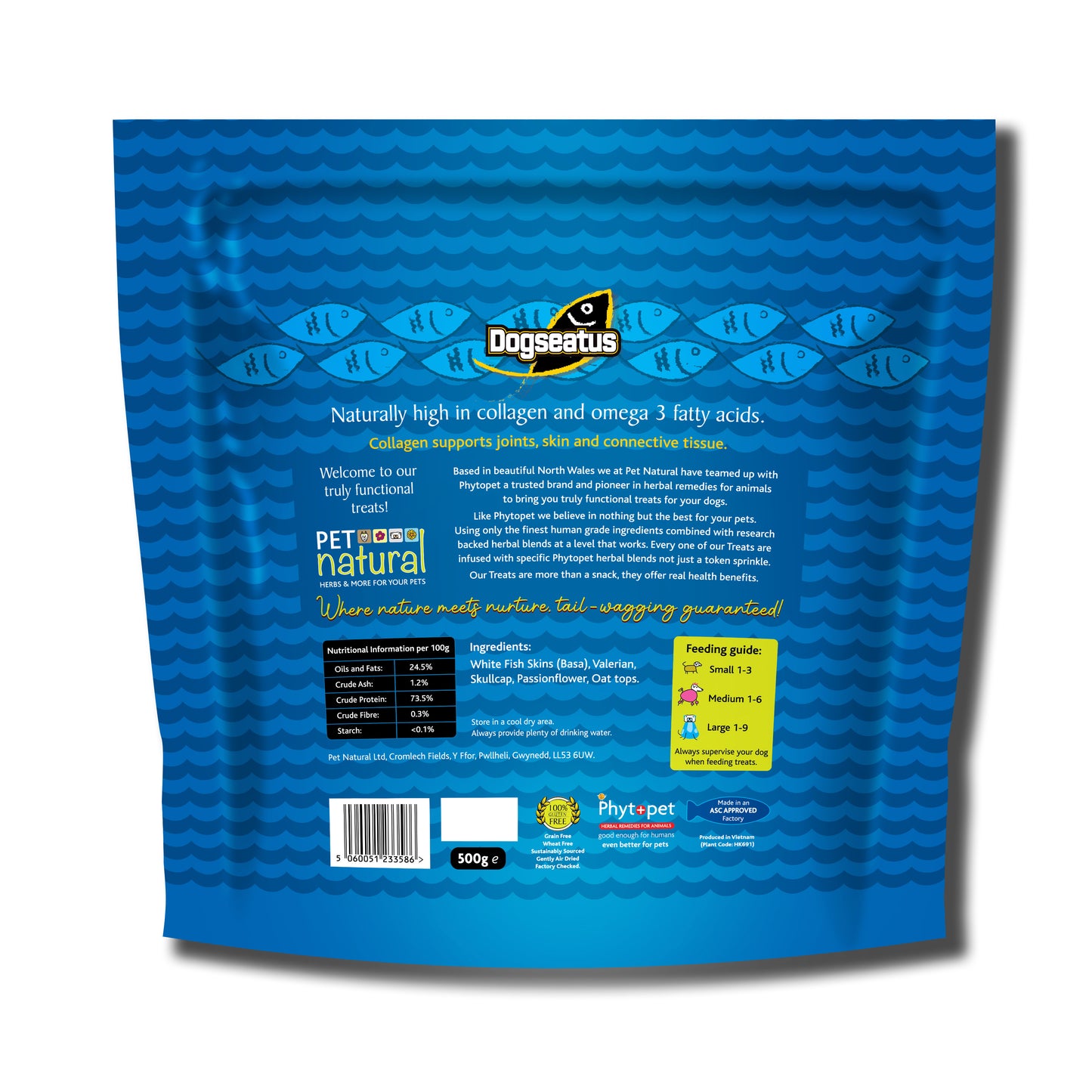 Pet Natural Dogeatus Fish Skin Treats - Calming Herb Mix Cubes - 500g