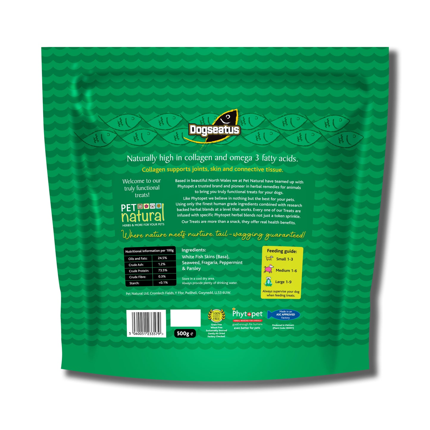 Pet Natural Dogeatus Fish Skin Treats - Teeth Cleaning Herb Mix Cubes - 500g